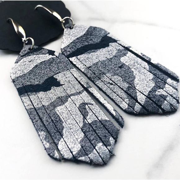 Genuine Leather Dangle Earrings in Midnight Shimmer Camo - Picture 2 of 2